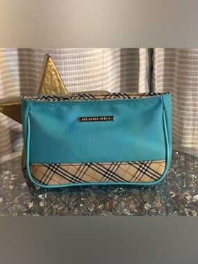 Burberry Teal and Beige Plaid Cosmetic Bag